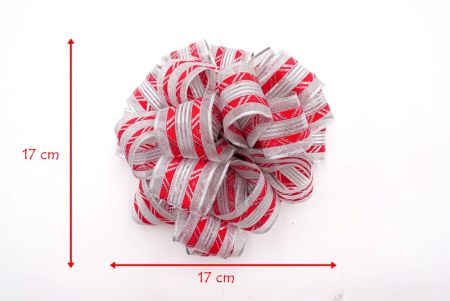 Silver Sheer and Metallic Red Stripe 11 Loops Pom Pom Ribbon Bow_BW643-W218S-3
