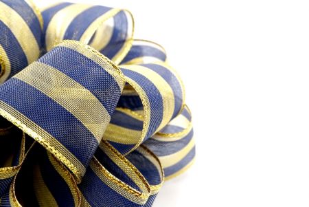 Gold and Blue Metallic Sheer Stripe 11 Loops Pom Pom Ribbon Bow_BW643-W221-6