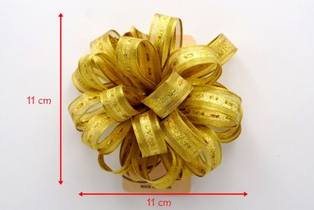 Fiocco di nastro con pom pom a 11 anelli in tessuto metallico oro con design a linee spezzate_BW643-W376G