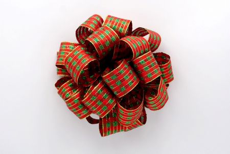 Red and Green Metallic Checkered 11 Loops Pom Pom Ribbon Bow_BW643-W852