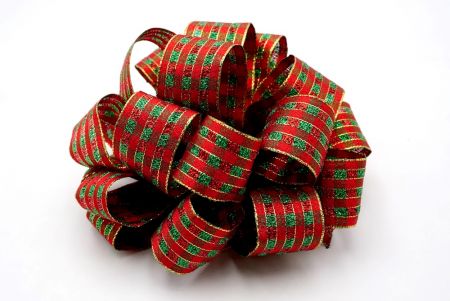 Red and Green Metallic Checkered 11 Loops Pom Pom Ribbon Bow_BW643-W852