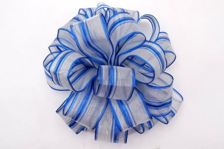 Blue and Silver Stripe 11 Loops Pom Pom Ribbon Bow_BW643-W865-4