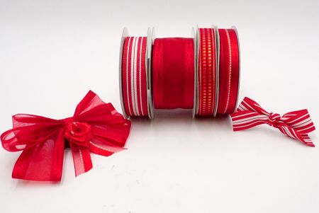 Red/White Stripes Ribbon Set - Red sheer/satin stripe woven ribbon