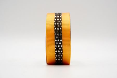 Pomarańczowa i czarna metaliczna wstążka groszgrain z pośrodkowymi kropkami i przeszyciami_K1594S-157C