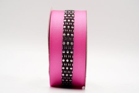 Ярко-розовая и черная металлическая ленточка с серединными точками и стежкой из гросгрейна_K1594S-224C
