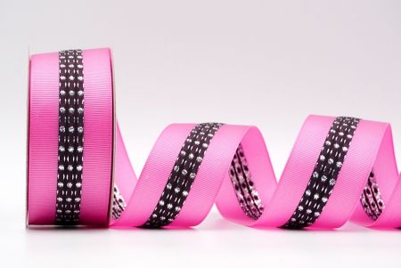 Hot Pink And Black Metallic Mid-Dotted and Stitched Grosgrain Ribbon_K1594S-224C