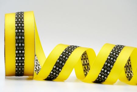 Yellow And Black Metallic Mid-Dotted and Stitched Grosgrain Ribbon_K1594S-7404C