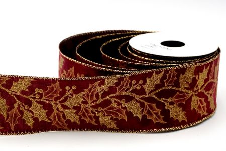 holly leave wire ribbon_burgundy red