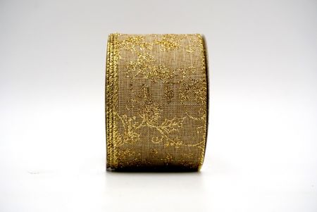 Золотая глиттерная лента с омелой из атласа_KF6942