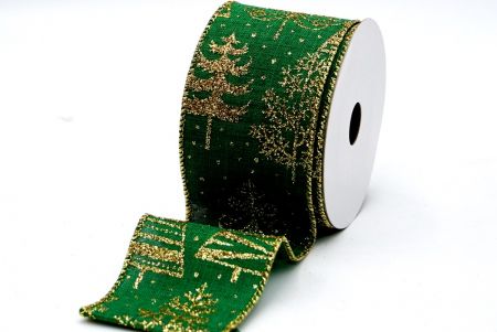 Πράσινη Σατέν Κορδέλα με Χρυσό Λαμπερό Χριστουγεννιάτικο Δέντρο_KF7046G-3G