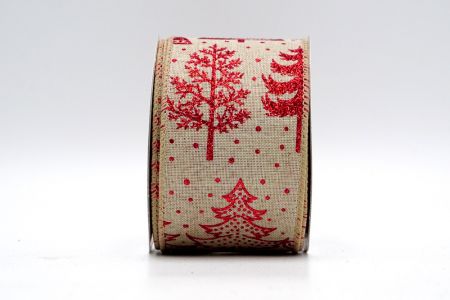 Натуральная ткань с красными блестками и деревьями лентой_KF7046GC-13R