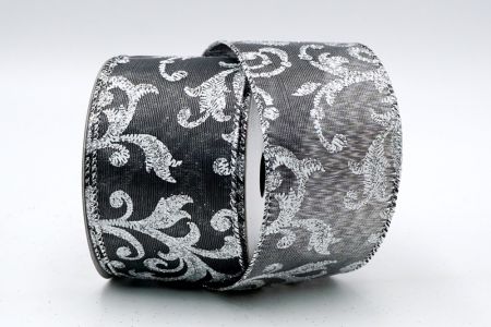 Сіра металева сатинова стрічка зі сріблястим квітковим візерунком_KF7119G-50