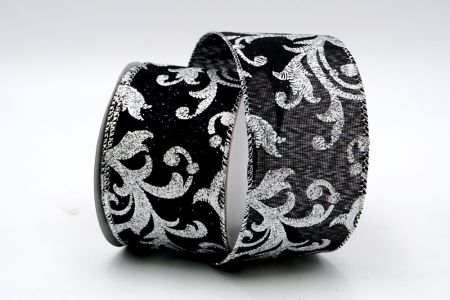 Черная атласная ленточка с серебряным глиттером и цветочным узором_KF7119G-53