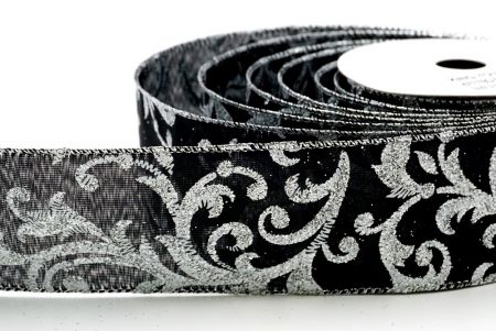 Черная атласная ленточка с серебряным глиттером и цветочным узором_KF7119G-53
