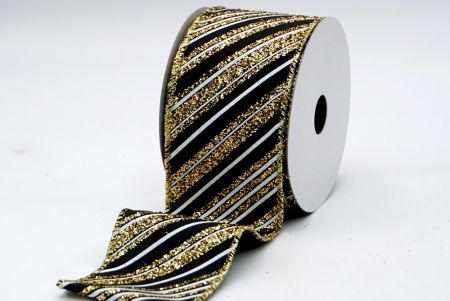 Черная атласная ленточка с золотыми блестками и белыми полосами_KF7137G-53G