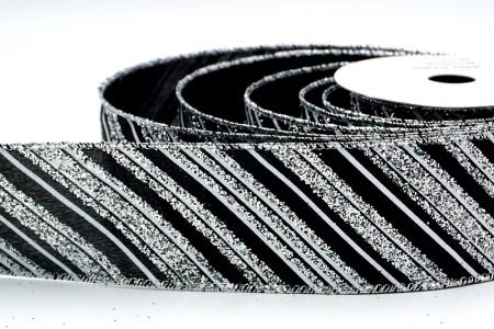 شريط ساتان أسود مزين باللمعان الفضي والخطوط البيضاء_KF7137G-53S