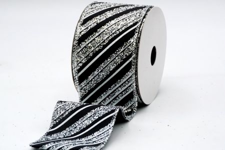 Black Satin Silver Glitter White Stripes Ribbon_KF7137G-53S