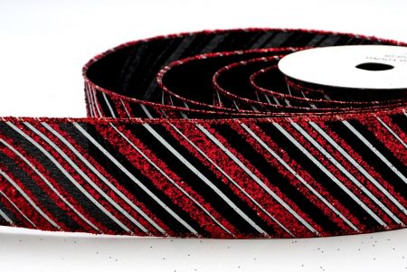 Черная атласная ленточка с красными блестками и белыми полосами_KF7137GR-53R