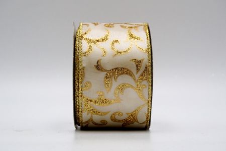 Ruban floral ivoire en satin avec motif floral et paillettes dorées_KF7138G-2