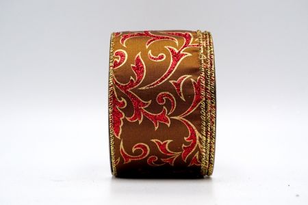 Fita de padrão floral de cetim marrom com glitter vermelho_KF7138G-58R