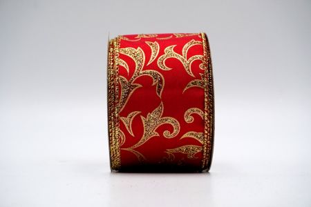Fita de padrão floral de cetim vermelho com glitter dourado_KF7138G-7G
