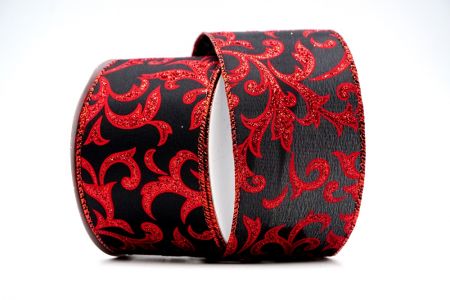 Fita de padrão floral de cetim preto com glitter vermelho_KF7138GR-53R