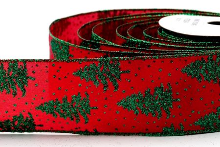 Nastro albero di Natale con alberi innevati in tessuto satinato rosso e glitter verde_KF7202GH-7H
