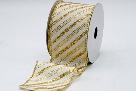 Атласная лента с золотыми полосами и блестками Ivory Satin Gold Glitter Lines Ribbon_KF7239G-13