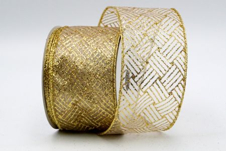 Ivoor doorschijnend gouden glitterlijn patroon lint_KF7244G-1G