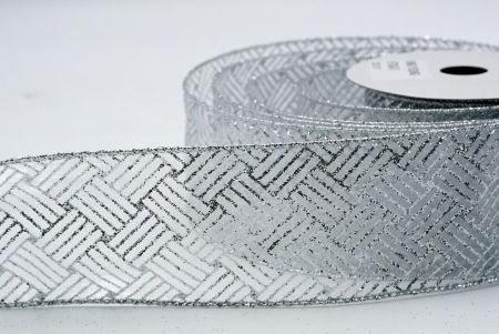 Серебряная прозрачная лента с серебряными полосами глиттера, узор_KF7244G-1S