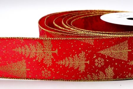 Красная атласная золотая лента с рождественскими деревьями_KF7330G-7