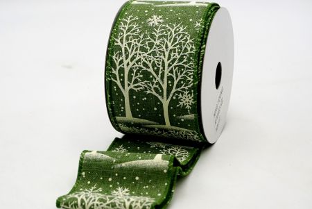 Зелена проста тканина з білим блиском стрічка з деревами_KF7410GC-3-222