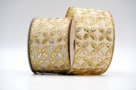 Elfenbeinfarbenes Stoffband mit gedrucktem gold- und silberglitzerndem Blumenmuster_KF7451GC-13-183
