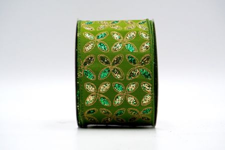 Ruban à paillettes vert uni avec motif floral or et vert_KF7451GC-3-222
