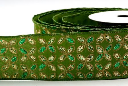 Ruban à paillettes vert uni avec motif floral or et vert_KF7451GC-3-222