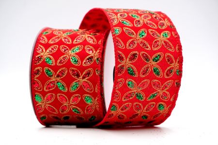 Rotes Stoffband mit rotem und grünem glitzerndem Blumenmuster_KF7451GC-7-7