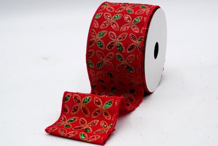 Rotes Stoffband mit rotem und grünem glitzerndem Blumenmuster_KF7451GC-7-7