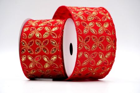 Rotes Stoffband mit rotem und goldenem glitzerndem Blumenmuster_KF7451GC-7G-7