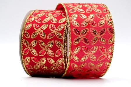 Red Satin Red and Gold Glitter Floral Ribbon_KF7452G-7G