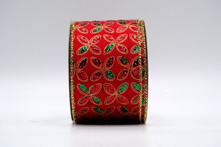 Red Satin Red and Green Glitter Floral Ribbon_KF7452G-7