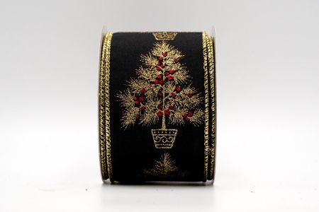 Nastro per albero di Natale in vaso nero satinato con dorato_KF7464G-53