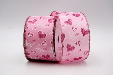 Розовая атласная лента с блестящими сердцами_KF7523GM-5