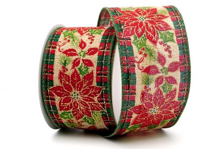 Checkered and Green Edge Holiday Poinsettia Wired Ribbon_KF7575GC-14-127