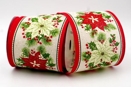Weiß - Eibe und Weihnachtsstern-Geschenkband mit Draht_KF7578GC-2-7