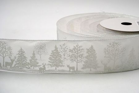 White - White Pine Trees and Reindeers Ribbon_KF7585GN-1