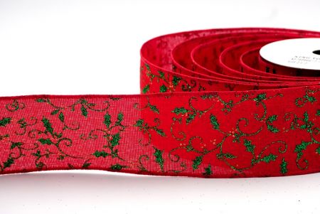 Красная ленточка из искусственного джута с рисунком падуба и блестками_KF7606GC-7-7