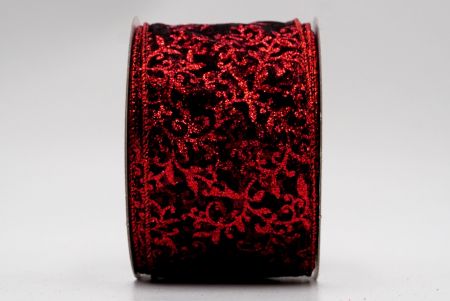 Black and Red Sheer Yew Leaves Design Ribbon_KF7631GR-53