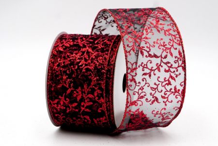 Black and Red Sheer Yew Leaves Design Ribbon_KF7631GR-53