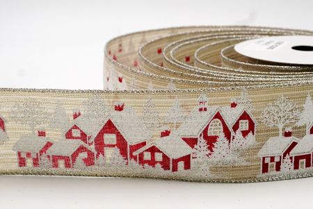 Cream and Silver Wired Christmas Snow House Ribbon_KF7644G-13