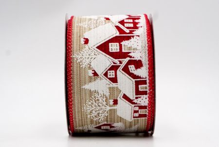 Nastro per casa di neve natalizia marrone chiaro e rosso con filo_KF7645GC-13-7